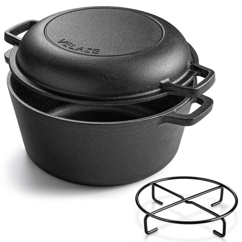 Velaze Cast Iron Dutch Oven Pot with Skillet Lid, 2-in-1 Pre-Seasoned Dual Handle Cast Iron Pan for Bread Baking, Frying, and Camping - Black 5QT - Image 1
