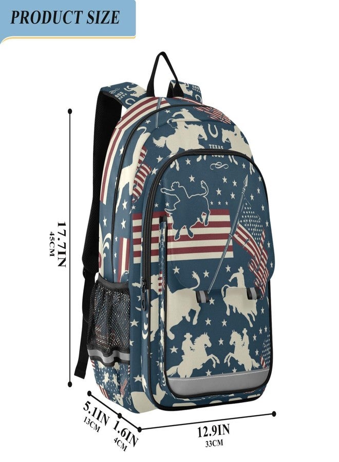 Glaphy Cowboys Riding Bulls Horse Riders American Usa Flags Backpack School Bag Lightweight Laptop Notebook Tablet Backpack Students Travel Bookbag with Reflective Stripes - Image 2