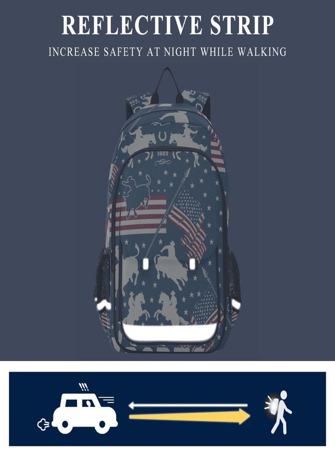 Glaphy Cowboys Riding Bulls Horse Riders American Usa Flags Backpack School Bag Lightweight Laptop Notebook Tablet Backpack Students Travel Bookbag with Reflective Stripes - Image 5