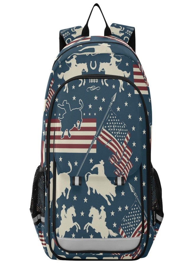 Glaphy Cowboys Riding Bulls Horse Riders American Usa Flags Backpack School Bag Lightweight Laptop Notebook Tablet Backpack Students Travel Bookbag with Reflective Stripes - Image 1