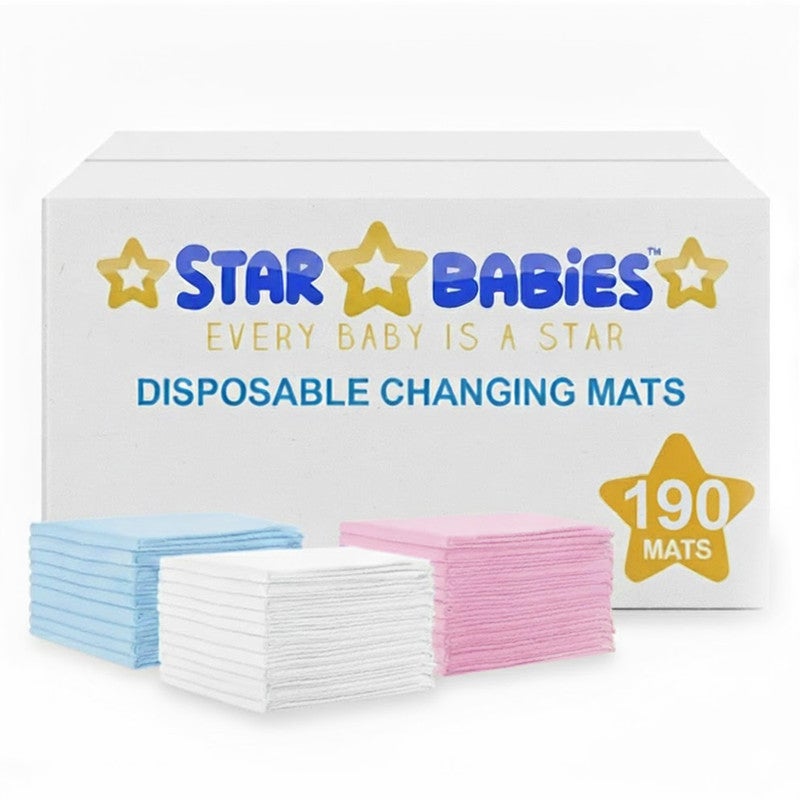 STAR BABiES حصائر تغيير الحفاضات القابلة للاستخدام مرة واحدة من ستار بيبيز عبوة من 190 assorted 33x45-أزرق، 45x60-أبيض، 60x60-وردي - Image 1