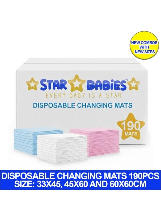STAR BABiES حصائر تغيير الحفاضات القابلة للاستخدام مرة واحدة من ستار بيبيز عبوة من 190 assorted 33x45-أزرق، 45x60-أبيض، 60x60-وردي - Image 2