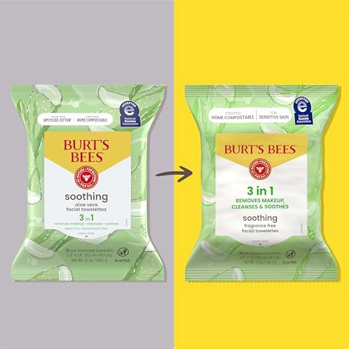 Burt's Bees Burt’s Bees Soothing, Fragrance Free Facial Towelettes for Sensitive Skin, Aloe Vera, 100% Plant Based Cloths; 99% Natural Origin; Removes Makeup, Dirt and Oil; No Rinsing (Pack May Vary) - Image 2