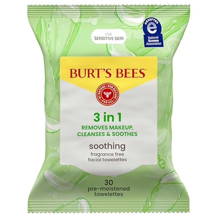 Burt's Bees Burt’s Bees Soothing, Fragrance Free Facial Towelettes for Sensitive Skin, Aloe Vera, 100% Plant Based Cloths; 99% Natural Origin; Removes Makeup, Dirt and Oil; No Rinsing (Pack May Vary) - Image 1