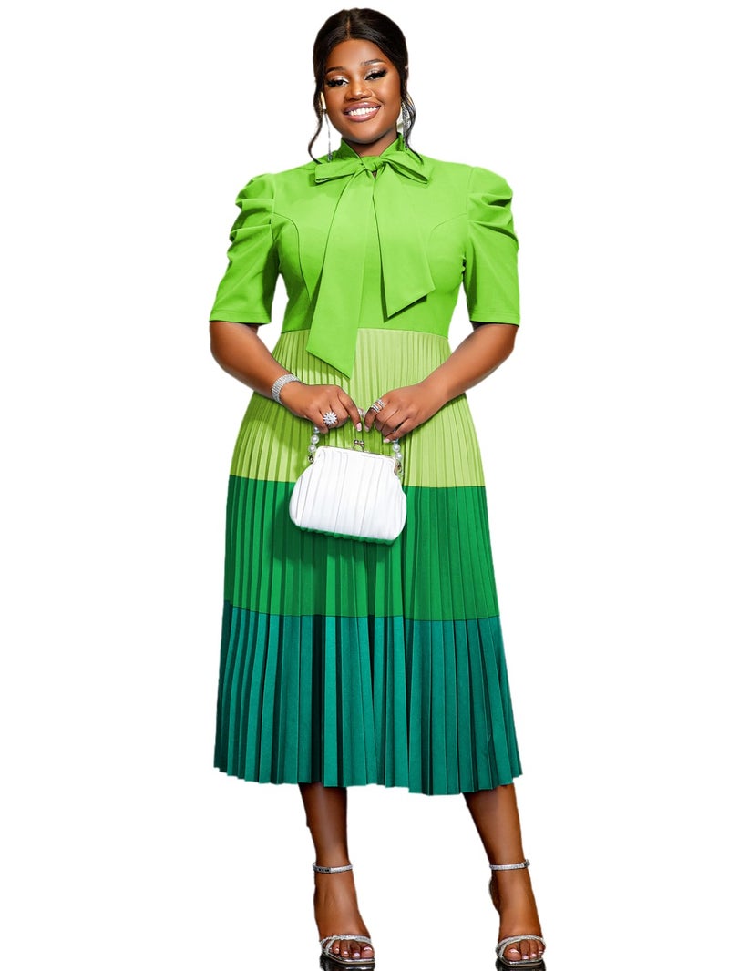 AOMEI Women's Green Colorblock Bowtie Neck Half Sleeve Pleated A-Line Midi Dress(L,Large) - Image 1