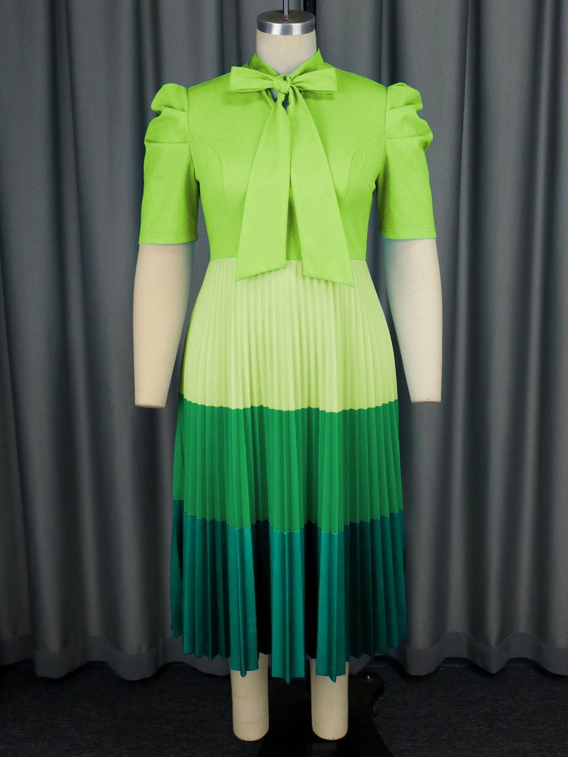 AOMEI Women's Green Colorblock Bowtie Neck Half Sleeve Pleated A-Line Midi Dress(L,Large) - Image 4