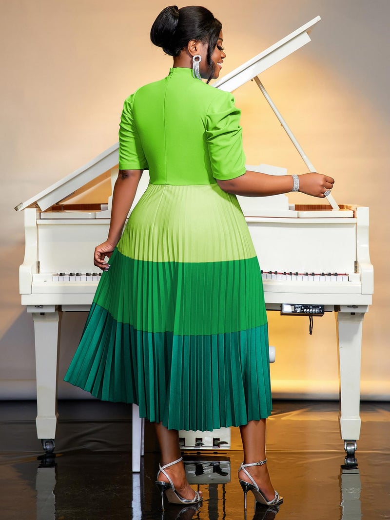 AOMEI Women's Green Colorblock Bowtie Neck Half Sleeve Pleated A-Line Midi Dress(L,Large) - Image 3