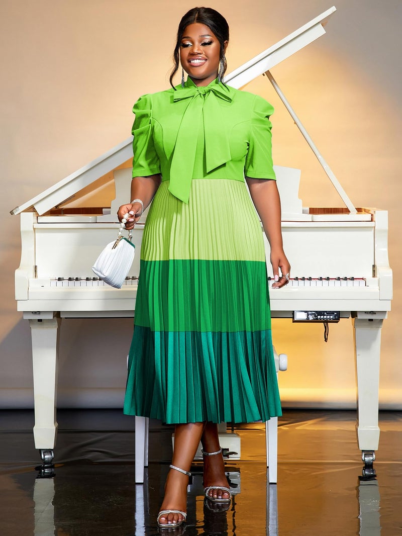 AOMEI Women's Green Colorblock Bowtie Neck Half Sleeve Pleated A-Line Midi Dress(L,Large) - Image 2