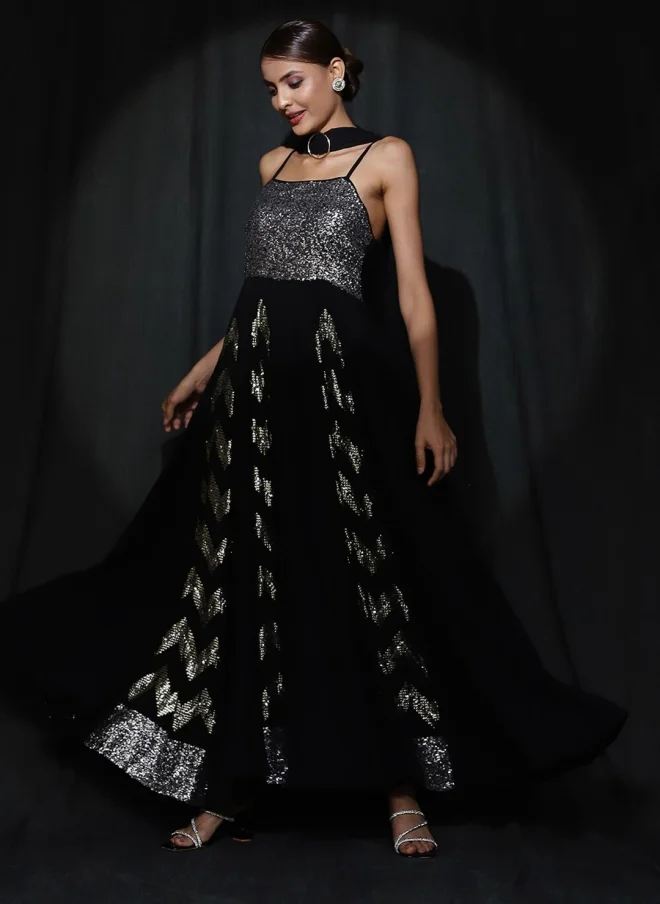 AKS Black Sequinned Fit & Flare Dress for Women