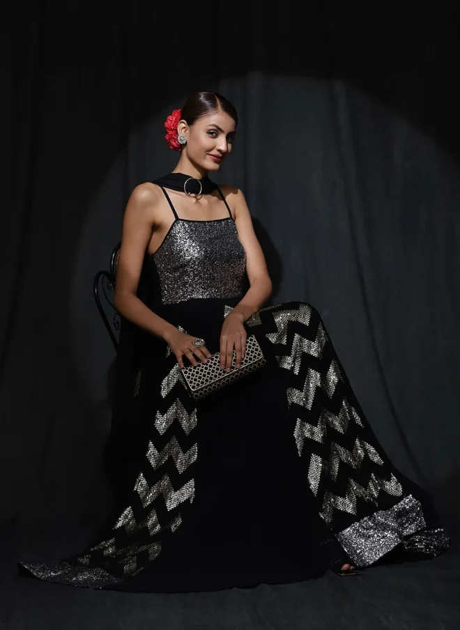 AKS Black Sequinned Fit & Flare Dress for Women
