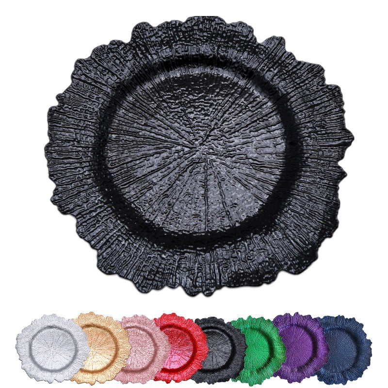 DaCakeWS Black Reef Charger Plates 10PCS 13inch Plastic Floral Charger Plates Wedding for DinnerWeddingPartyEventDecoration Reef Black 10