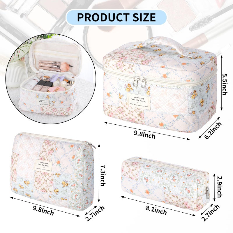 senbowe Floral Makeup Bag, 3 Pack Large Cotton Quilted Makeup Bag Set, Cute Floral Coquette Aesthetic Toiletry Bag Make Up Cosmetic Bag for Women, Toiletry Travel Make Up Organizer Bag - Image 2