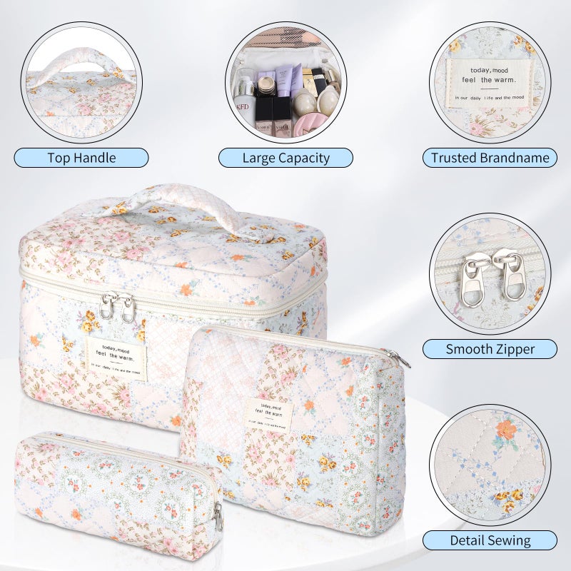 senbowe Floral Makeup Bag, 3 Pack Large Cotton Quilted Makeup Bag Set, Cute Floral Coquette Aesthetic Toiletry Bag Make Up Cosmetic Bag for Women, Toiletry Travel Make Up Organizer Bag - Image 3