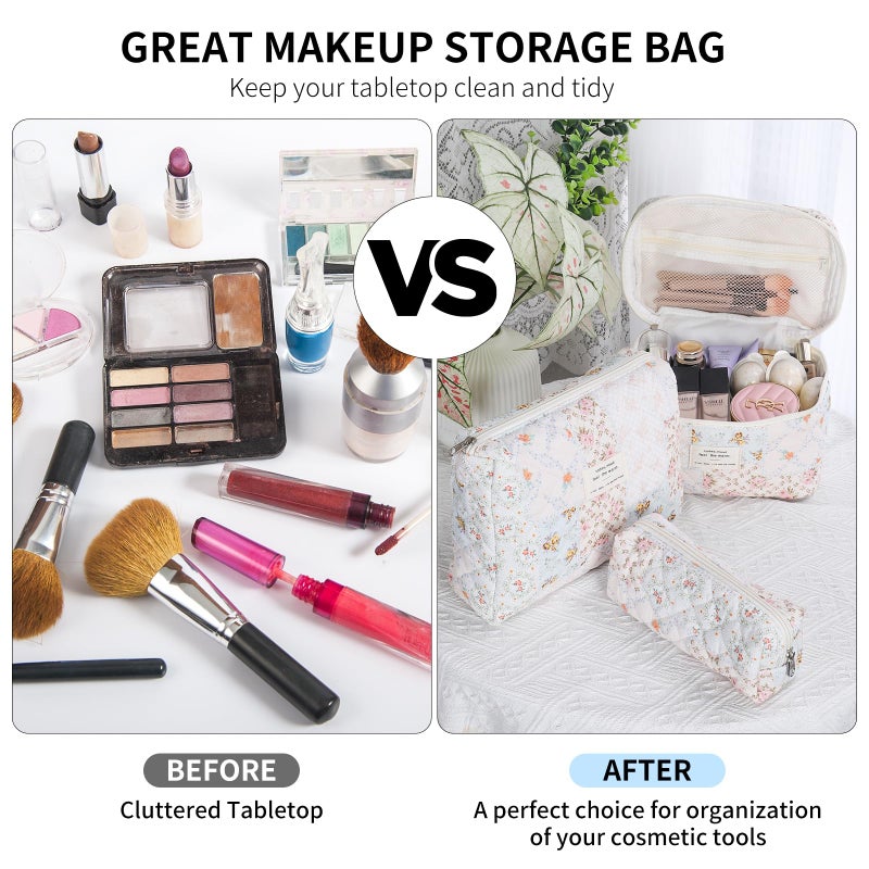 senbowe Floral Makeup Bag, 3 Pack Large Cotton Quilted Makeup Bag Set, Cute Floral Coquette Aesthetic Toiletry Bag Make Up Cosmetic Bag for Women, Toiletry Travel Make Up Organizer Bag - Image 4