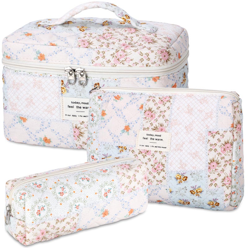 senbowe Floral Makeup Bag, 3 Pack Large Cotton Quilted Makeup Bag Set, Cute Floral Coquette Aesthetic Toiletry Bag Make Up Cosmetic Bag for Women, Toiletry Travel Make Up Organizer Bag - Image 1