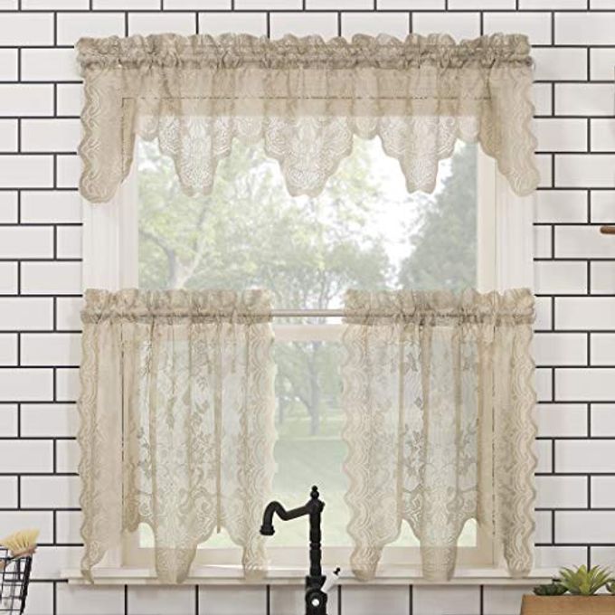 No. 918 Alison-Tr Floral Lace Sheer Rod Pocket Kitchen Curtain Valance, 58" x 14", Stone - Image 3