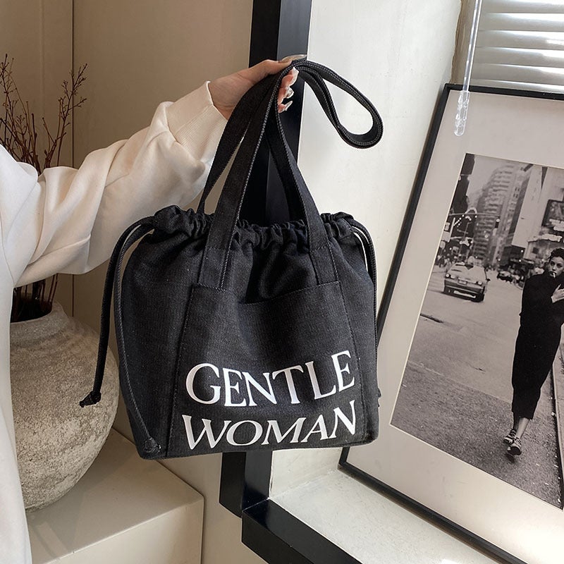 Korean-Style Letter Denim Drawstring Tote Bag Shopping Bag Casual All-Match Shoulder Crossbody Bag - Image 5