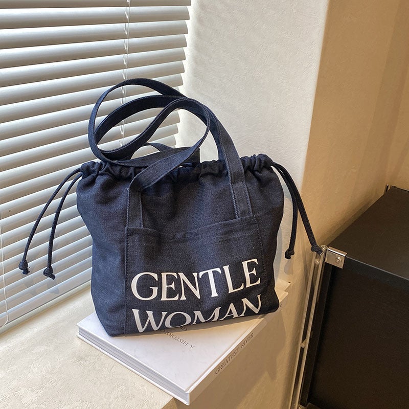 Korean-Style Letter Denim Drawstring Tote Bag Shopping Bag Casual All-Match Shoulder Crossbody Bag - Image 1