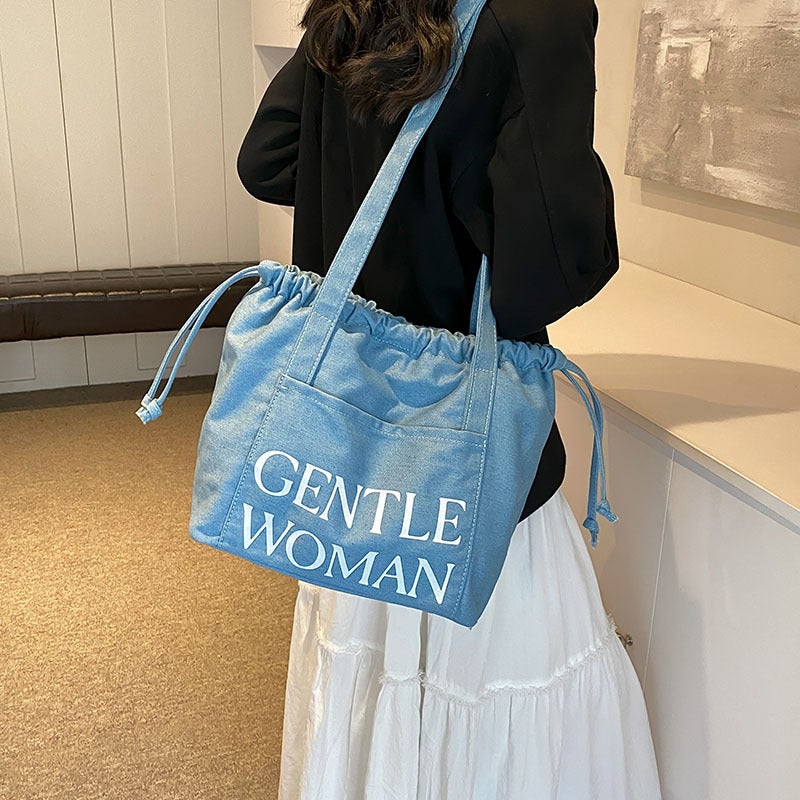 Korean-Style Letter Denim Drawstring Tote Bag Shopping Bag Casual All-Match Shoulder Crossbody Bag - Image 4