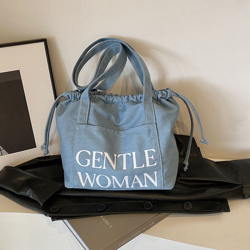 Korean-Style Letter Denim Drawstring Tote Bag Shopping Bag Casual All-Match Shoulder Crossbody Bag - Image 2