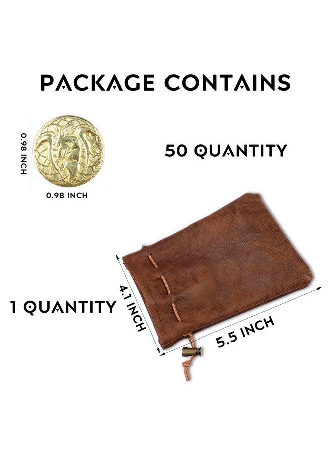 Byhoo 50 Pcs Gold Coins & Pu Leather Bag, Dnd Metal Coins, Fantasy Coins Treasure For Board Games, Fake Coins As Game Tokens For Dungeons & Dragons, Tabletop Ttrpg Games Medieval Retro Accessories Addons - Image 2