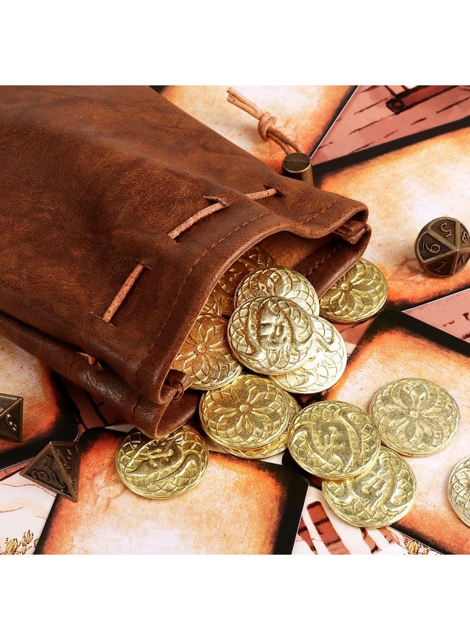Byhoo 50 Pcs Gold Coins & Pu Leather Bag, Dnd Metal Coins, Fantasy Coins Treasure For Board Games, Fake Coins As Game Tokens For Dungeons & Dragons, Tabletop Ttrpg Games Medieval Retro Accessories Addons - Image 3