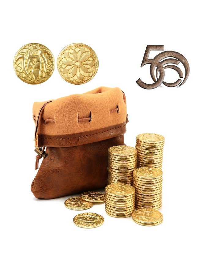 Byhoo 50 Pcs Gold Coins & Pu Leather Bag, Dnd Metal Coins, Fantasy Coins Treasure For Board Games, Fake Coins As Game Tokens For Dungeons & Dragons, Tabletop Ttrpg Games Medieval Retro Accessories Addons - Image 1