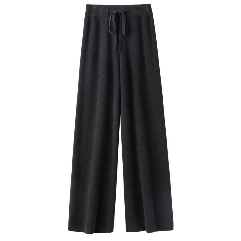 Thickened Wool Knit Wide-Leg Pants Womens 2024 High-Waist Casual Black
