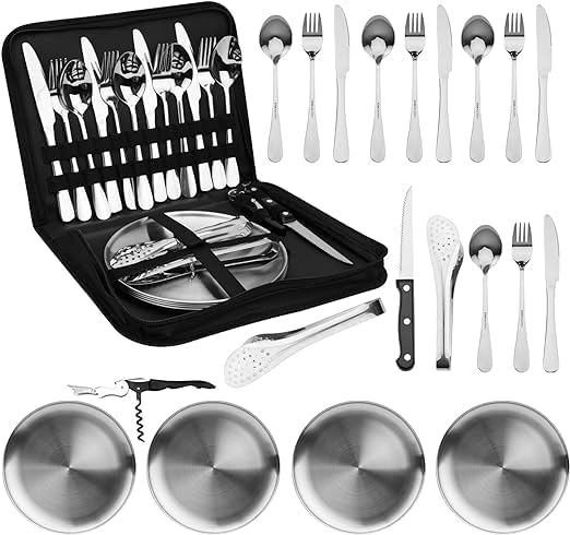 BLURISM Elegant Camping Crockery Set Silver 20Piece Camping Cutlery Set for 4 People Portable Stainless Steel Picnic Tableware Set with Case Ideal for Camping Travel Hiking and Picnics Outdoor - Image 1