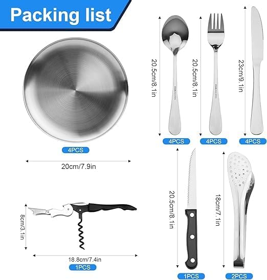BLURISM Elegant Camping Crockery Set Silver 20Piece Camping Cutlery Set for 4 People Portable Stainless Steel Picnic Tableware Set with Case Ideal for Camping Travel Hiking and Picnics Outdoor - Image 4