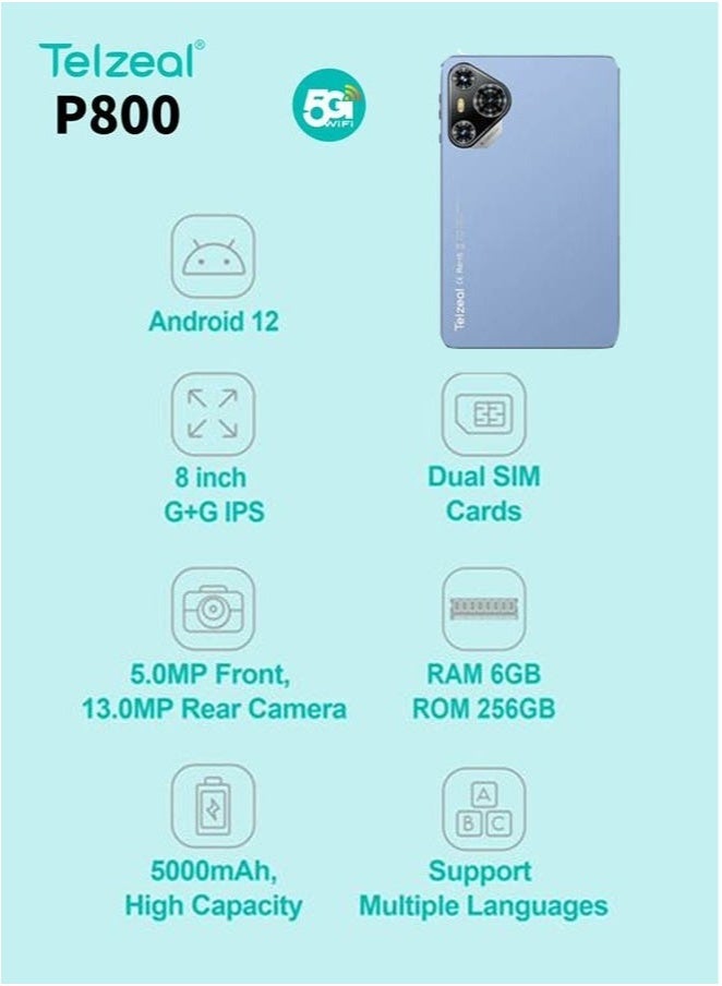 Telzeal P800 8-Inch Android 12 Tablet with 6GB RAM 256GB Storage – Dual SIM 4G LTE + 5G Wi-Fi, Compact Design with 5000mAh Battery, Includes Wireless Keyboard – Ideal for Students, Work, Travel & Entertainment – Stylish Blue Color Tablet PC - Image 3