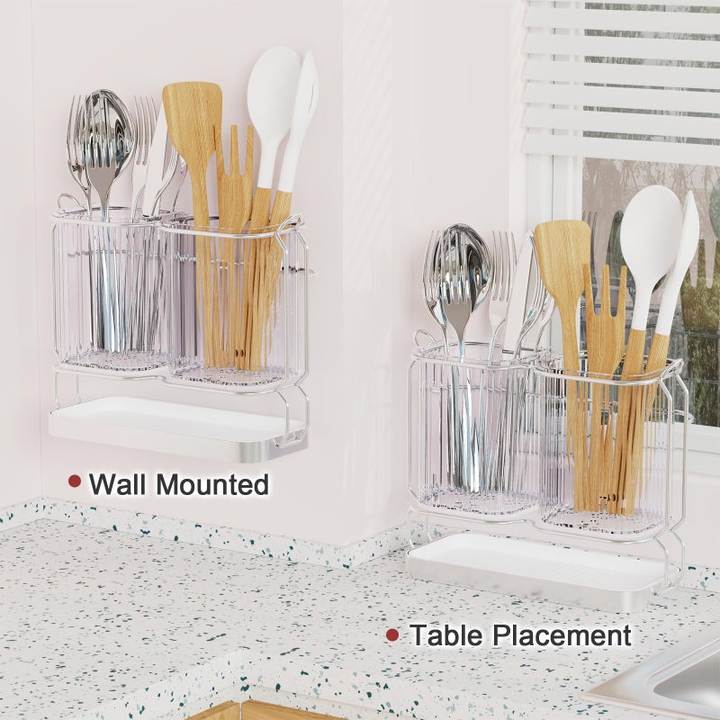 First-zgel Kitchen Utensil Holder Wall Mount, 6.7" Silverware Holder for Kitchen Countertop, Utensil Drying Holder with Drain Tray for Silverware,Spatula (Silver) - Image 5