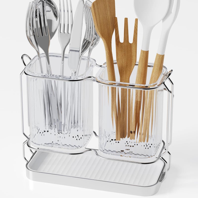 First-zgel Kitchen Utensil Holder Wall Mount, 6.7" Silverware Holder for Kitchen Countertop, Utensil Drying Holder with Drain Tray for Silverware,Spatula (Silver) - Image 1
