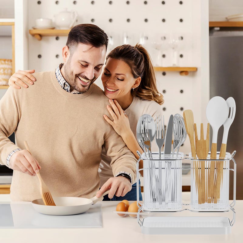 First-zgel Kitchen Utensil Holder Wall Mount, 6.7" Silverware Holder for Kitchen Countertop, Utensil Drying Holder with Drain Tray for Silverware,Spatula (Silver) - Image 4