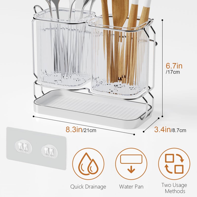 First-zgel Kitchen Utensil Holder Wall Mount, 6.7" Silverware Holder for Kitchen Countertop, Utensil Drying Holder with Drain Tray for Silverware,Spatula (Silver) - Image 2