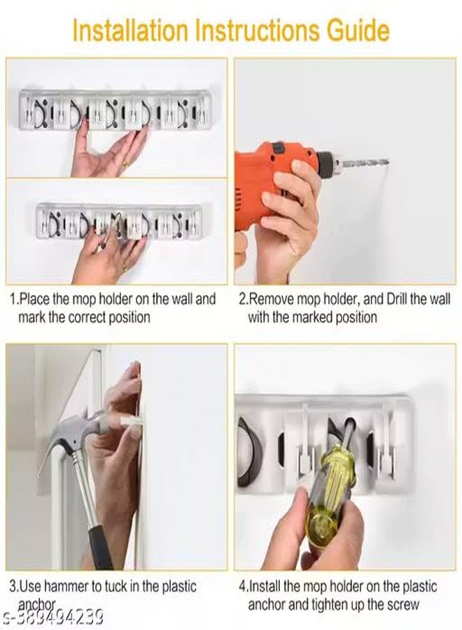 Wall Mounted Mop and Broom Holder, Plastic, Grey, 5 Slot Position and 6 Hooks, Garage Storage up to 11 Tools - Image 4
