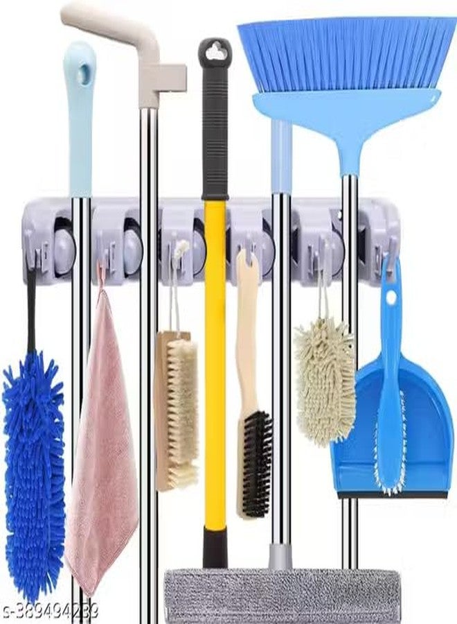 Wall Mounted Mop and Broom Holder, Plastic, Grey, 5 Slot Position and 6 Hooks, Garage Storage up to 11 Tools - Image 2