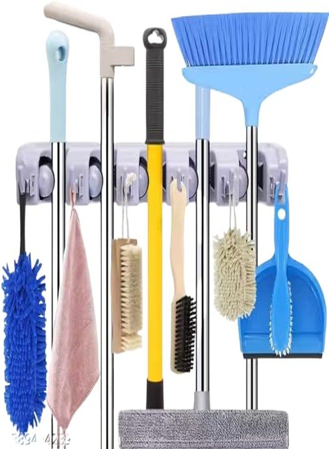 Wall Mounted Mop and Broom Holder, Plastic, Grey, 5 Slot Position and 6 Hooks, Garage Storage up to 11 Tools - Image 1