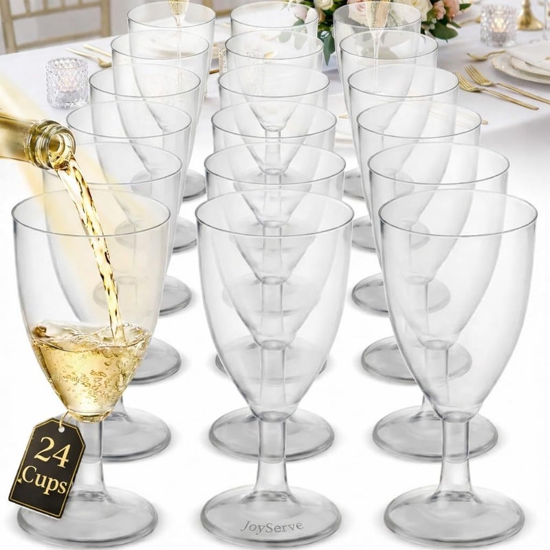 JoyServe 24 Plastic Wine Glasses Disposable - 7 Oz Clear BPA-Free Plastic Glasses with Stem, Reusable Party Wine Cups for Outdoor Parties, Weddings, Toasts, Drinks, Catering (Bulk Pack of 24) - Image 1