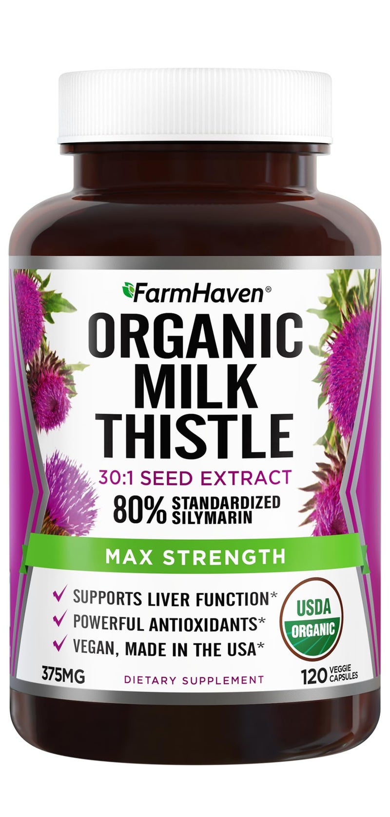 FarmHaven USDA Organic Milk Thistle Capsules 30X Concentrated Seed Extract 80 Silymarin Standardized Supports Liver Function and Overall Health NonGMO 120 Veggie Capsules