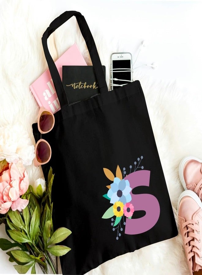 Roundsun Magnetic Button Closure Alphabet Printed Cotton Canvas Vertical Tote Bag | 300 GSM Cloth | No Zipper | No Inner Pocket | Multi-Purpose Bag | Reusable | Eco Friendly Yet Trendy (Alphabet S, Black) - Image 4