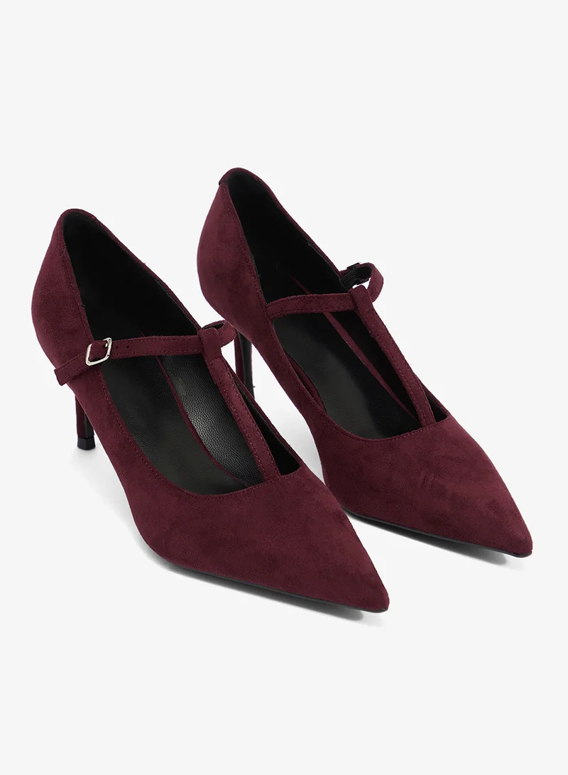 Ella Burgandy Classic Mid Heel Pumps With Buckle Strap for Women | Best Price UAE