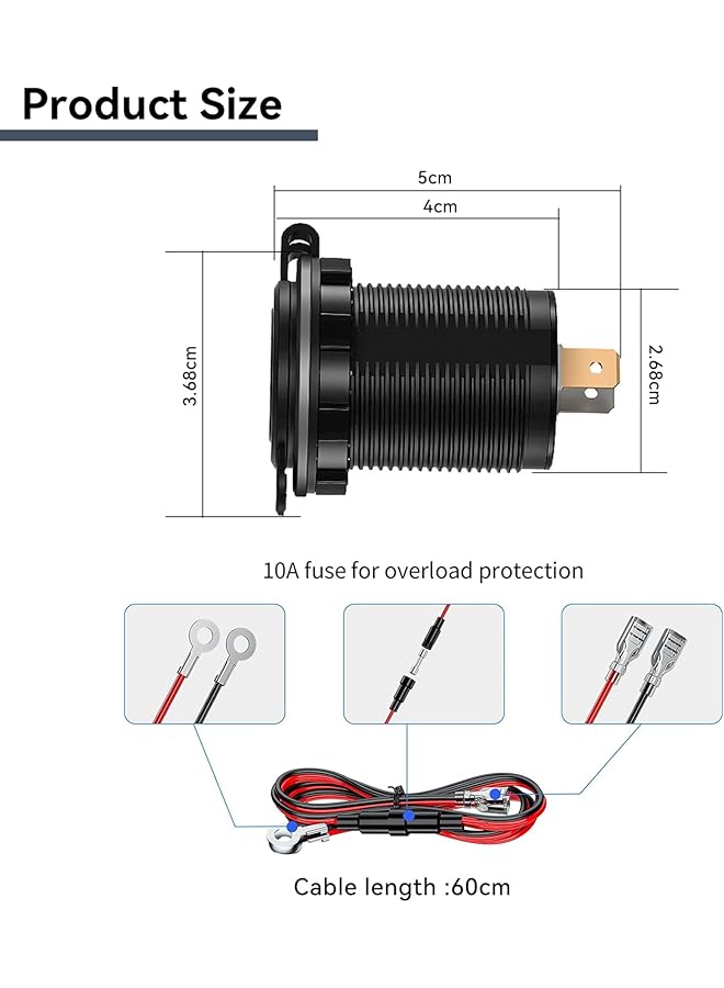 جيه زد اس مقبس شاحن سيارة، منفذ USB ثلاثي Qc3.0 مقبس سيارة معدني من الألومنيوم مع مفتاح تشغيل يعمل باللمس، محول شحن سريع للسيارة والقارب والبحرية والمركبات الترفيهية وعربات الجولف والدراجات النارية - Image 2