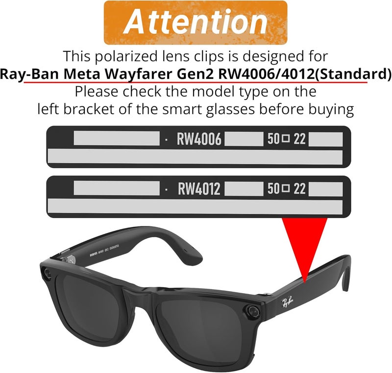 RCstyle HiBloks Polarized Clip-on Compatible with Ray-Ban Meta Wayfarer RW4006 & Gen 2 RW4012 Regular 50-22, Shiny Black Frame Discoloration Clip for Rayban Meta Gen 2 Accessories (Silver) - Image 2