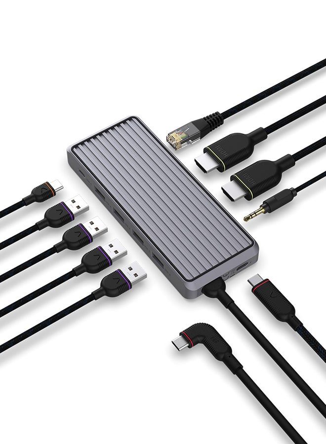 Unisynk محور USB-C من يوني سينك، محور USB-C مزدوج العرض (10 في 1) مع HDMI بدقة fullHD@60Hz، 100W USB-C PD، منافذ بيانات USB-A و USB-C بسرعة 5 جيجابت/ثانية، إيثرنت، صوت 3.5 مم، للي Lenovo و Dell و HP والمزيد - Image 2