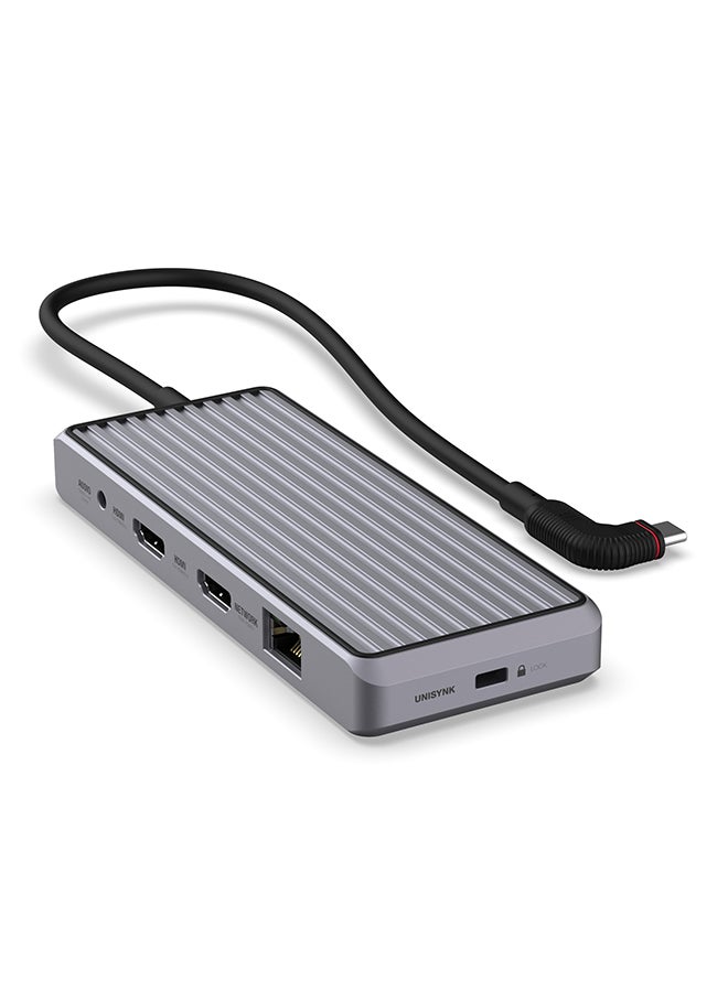 Unisynk محور USB-C من يوني سينك، محور USB-C مزدوج العرض (10 في 1) مع HDMI بدقة fullHD@60Hz، 100W USB-C PD، منافذ بيانات USB-A و USB-C بسرعة 5 جيجابت/ثانية، إيثرنت، صوت 3.5 مم، للي Lenovo و Dell و HP والمزيد - Image 3