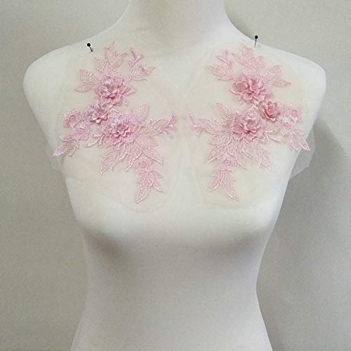 2 Pcs Colored 3D Flower Lace Applique Embroidered Material Trim for DIY Wedding Dress Veil Accessories Pink