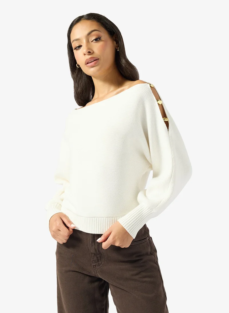 GUESS Beaded Off Shoulder Long Sleeve Pullover Sweater