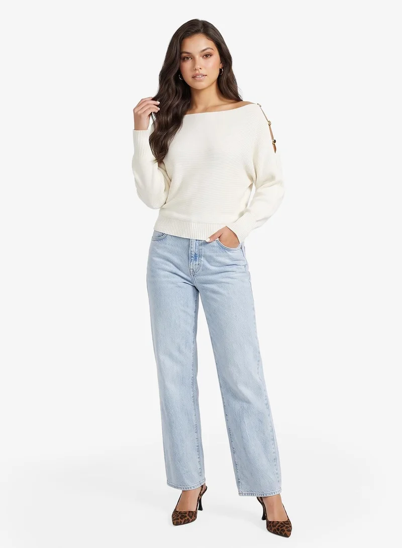 GUESS Beaded Off Shoulder Long Sleeve Pullover Sweater