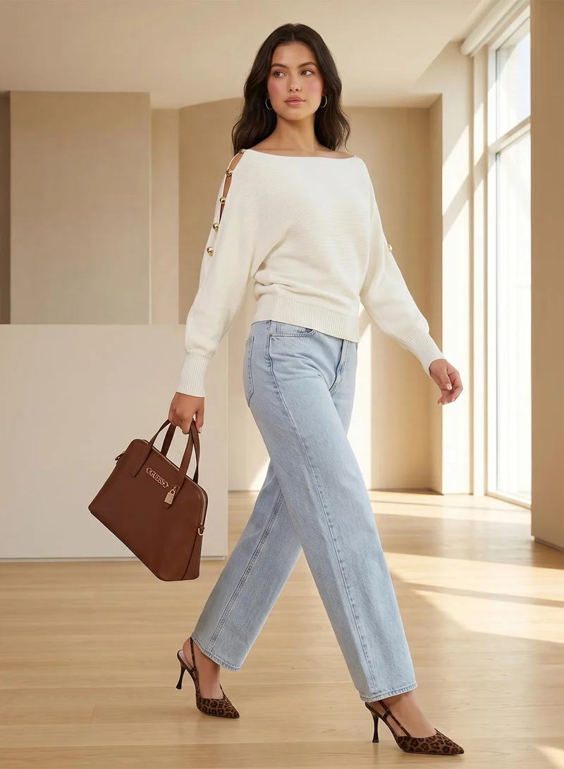 GUESS Beaded Off Shoulder Long Sleeve Pullover Sweater